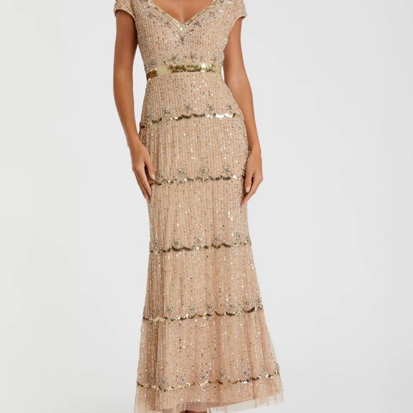 Mac Duggal Beige Cap Sleeve Sweetheart Neckline Beaded Sequin Size 12 - Picture 4 of 4